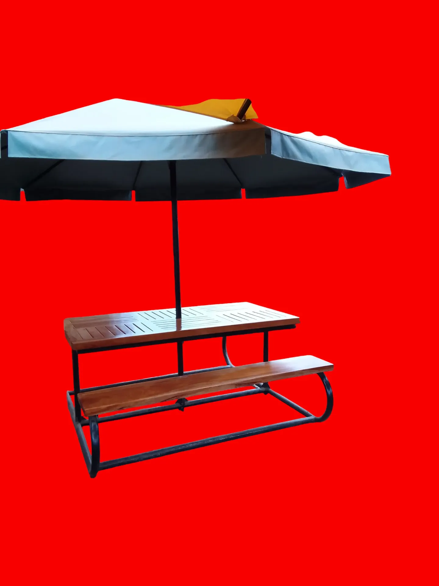 Outdoor bench umbrella table  (Canopy diameter 2.1m*pole height 229cm*pole diameter 3.8cm, Length152cm*width76cm*height71cm, Length152cm*height43cm*depth30cm*clearanceundertable61cm, Natural mahogany colour)