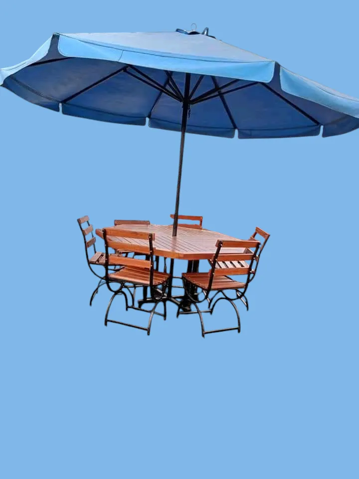 Outdoor umbrella table set (Canopy diameter 2.1m*pole height 229cm*pole diameter 3.8cm, Length152cm*width76cm*height71cm, 6 chairs, Natural mahogany colour)