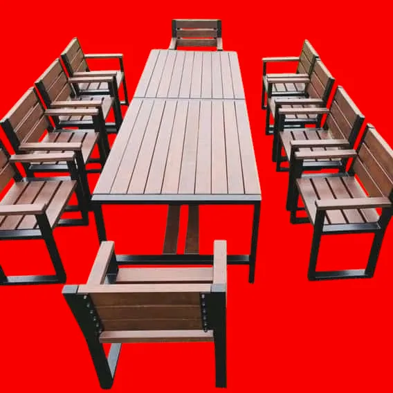 Outdoor table set (10 chairs, Natural mahogany colour)
