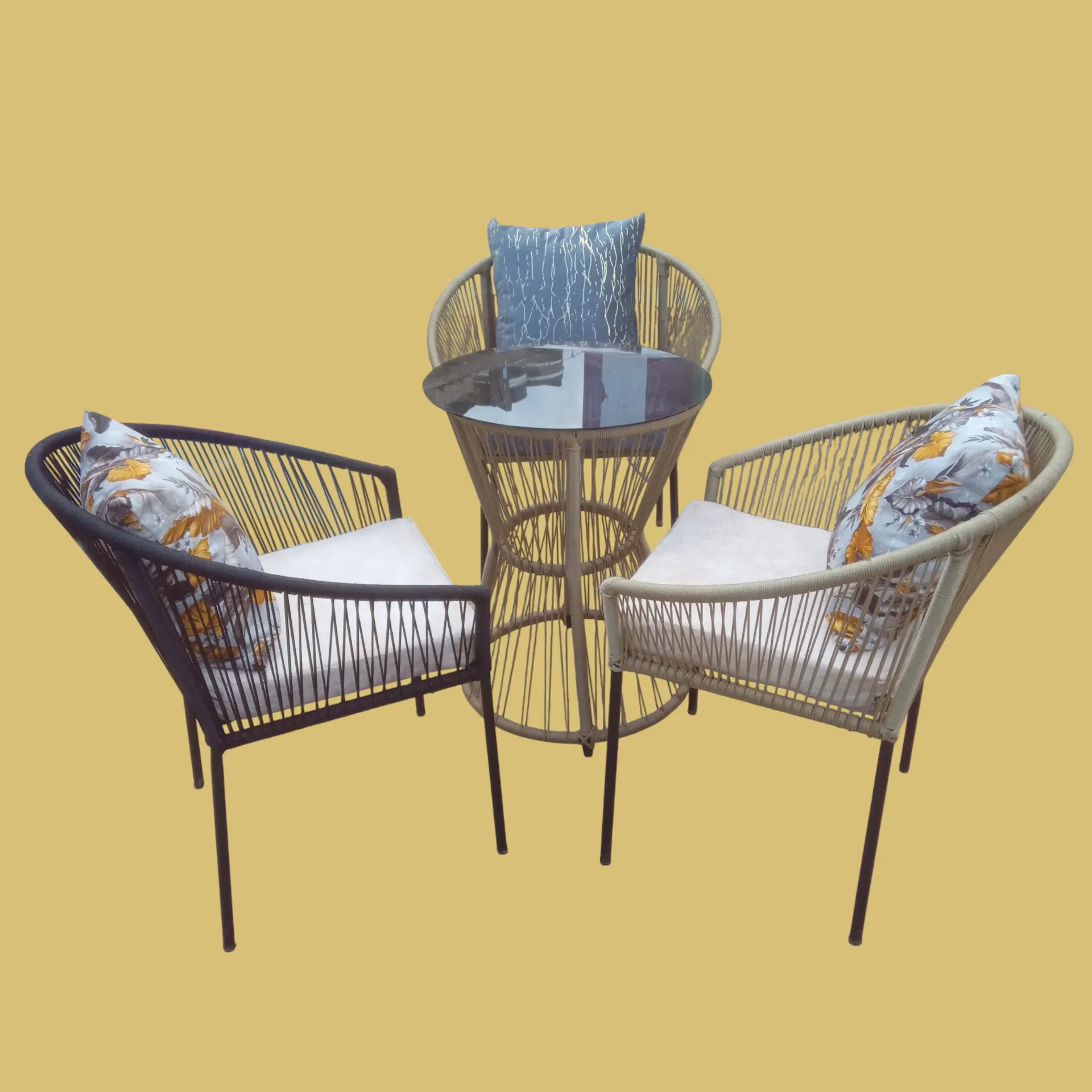 Outdoor cocktails table set (3 chairs, Black weave)